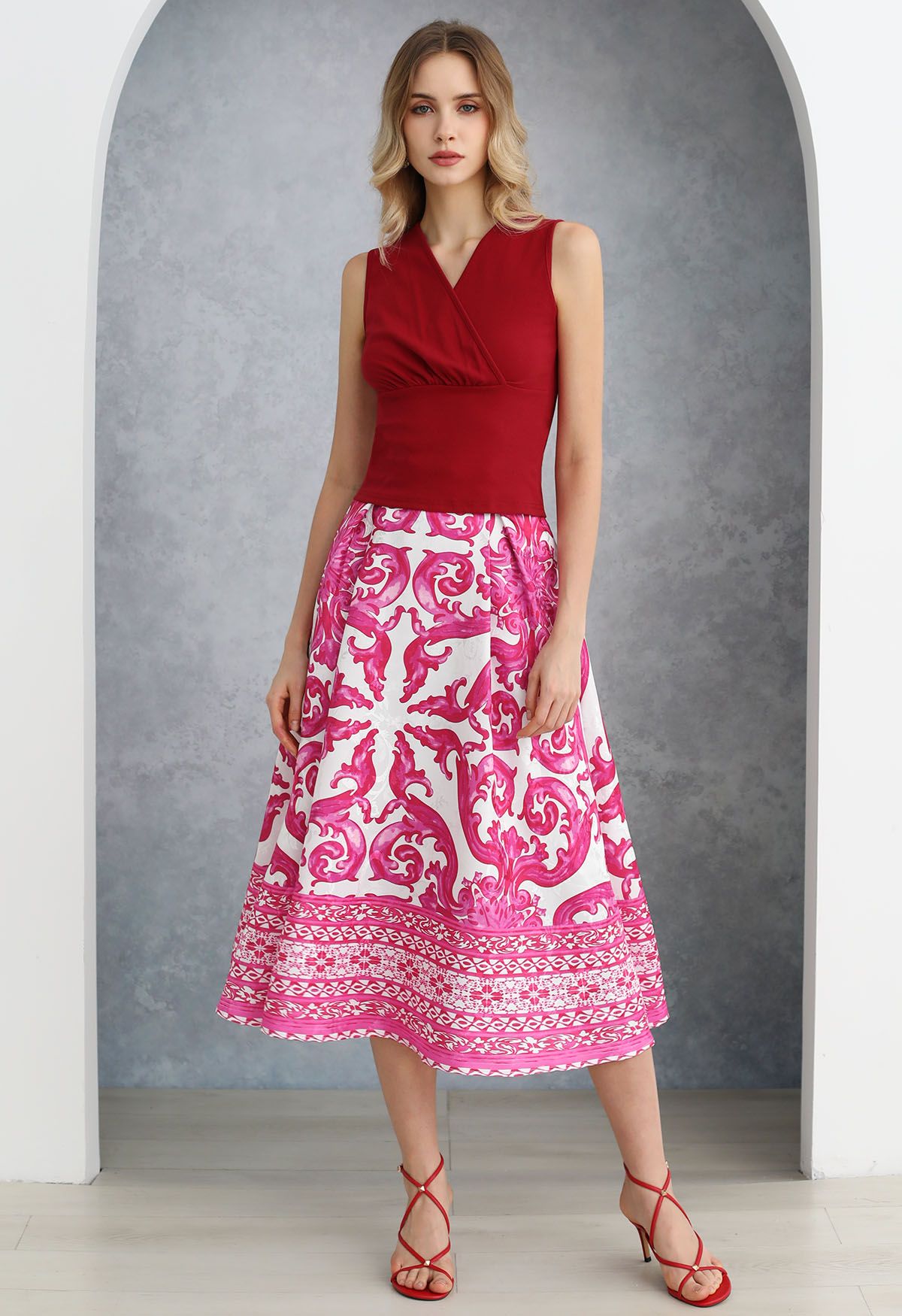 Pink Tile Jacquard Pleated A-Line Midi Skirt