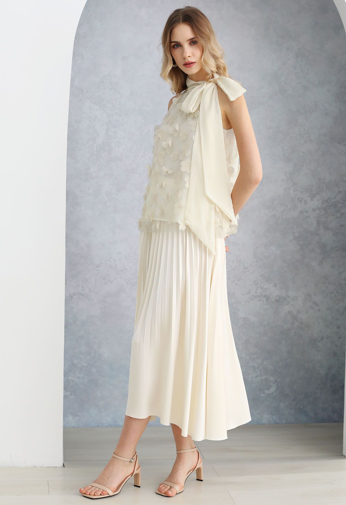 Smooth Satin Pleated Midi Skirt in Cream
