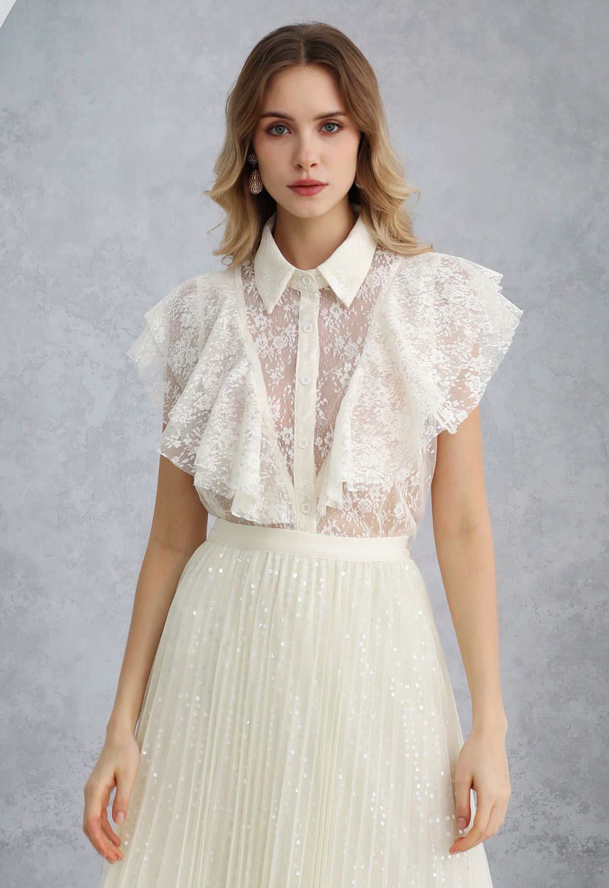 Inspired Cutie Ruffle Full Lace Sleeveless Top in Cream