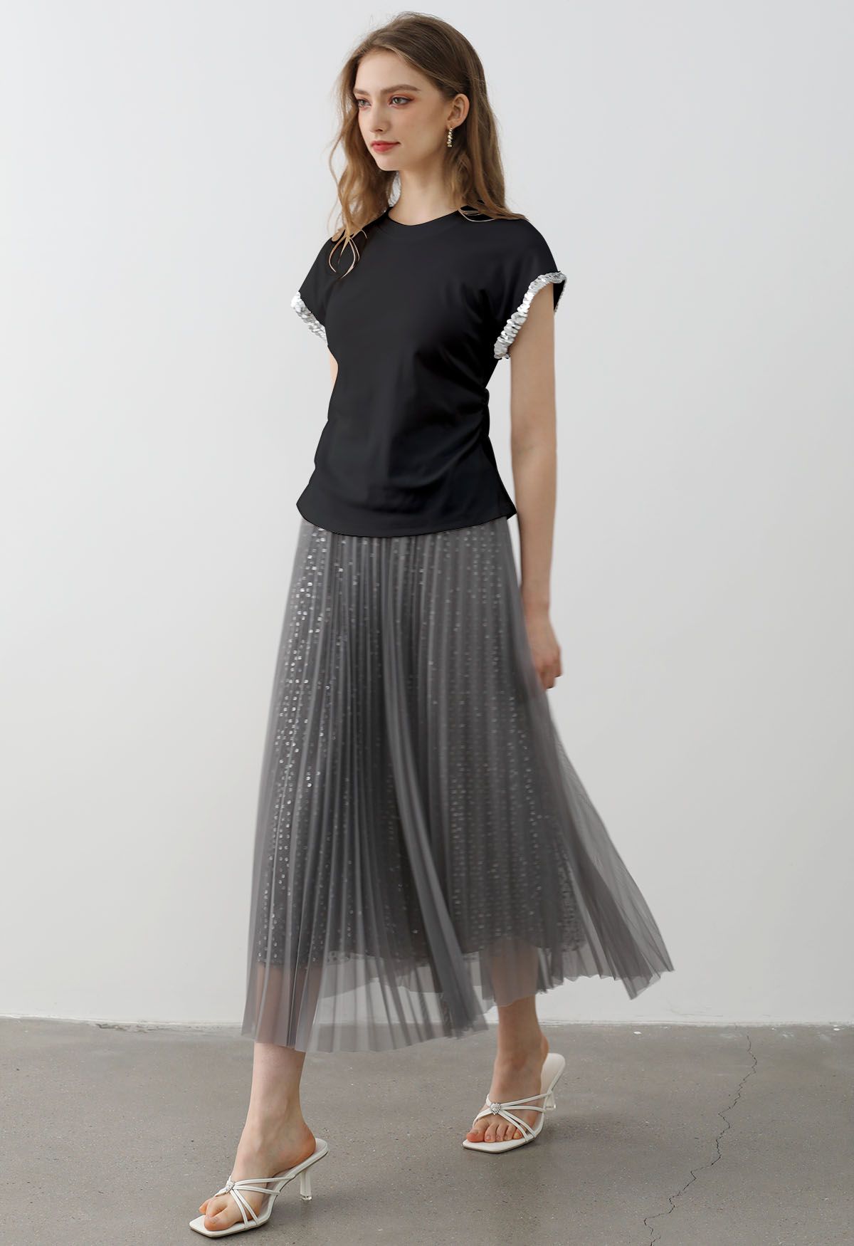 Sequined Cuff Ruched Side T-Shirt in Black