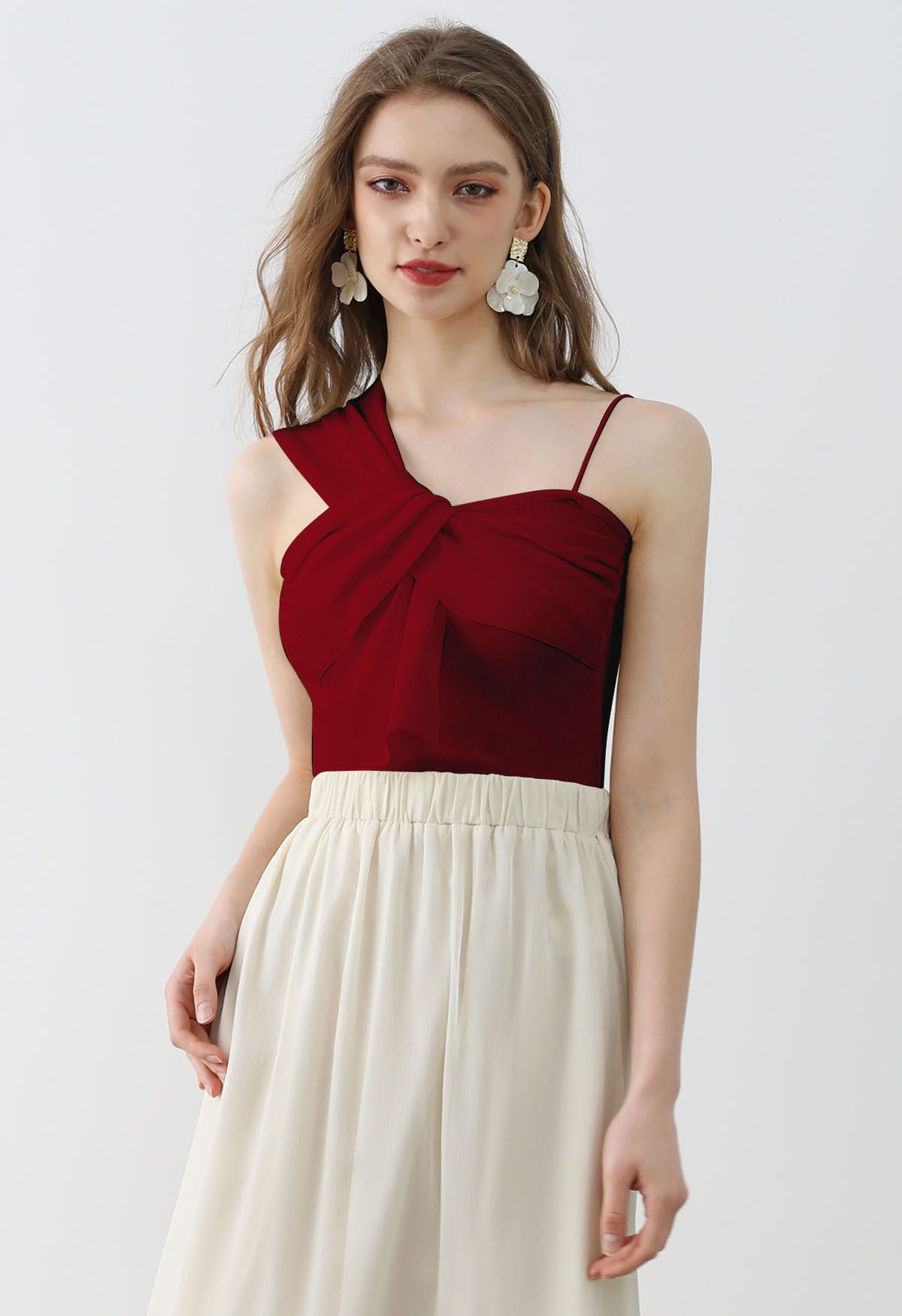 Knotted Front Asymmetric Straps Crop Knit Top in Red - Retro, Indie and ...