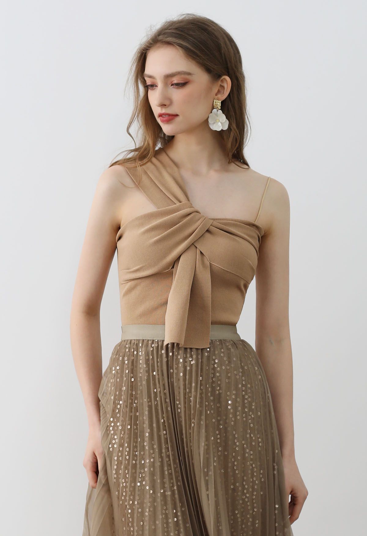 Knotted Front Asymmetric Straps Crop Knit Top in Tan