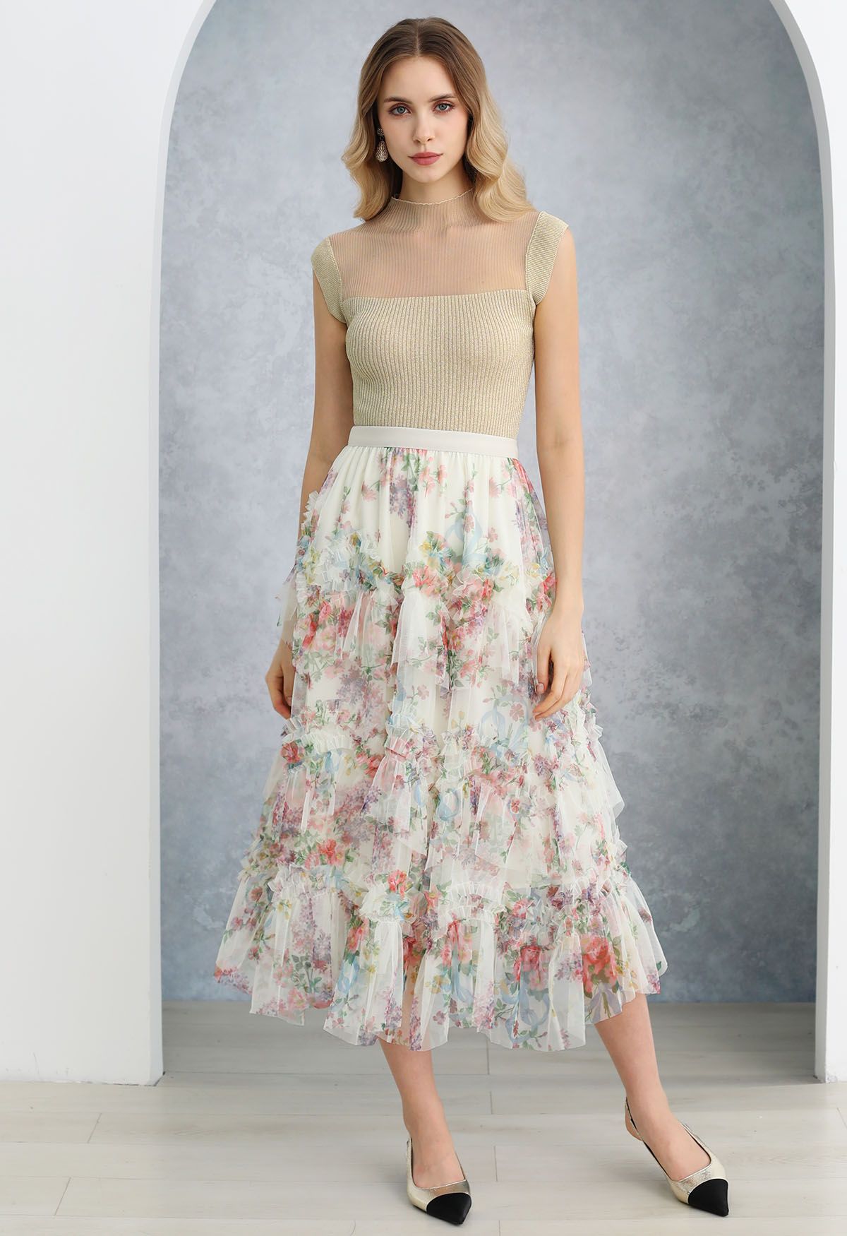 Fairy Dream Floral Ruffle Mesh Midi Skirt in White