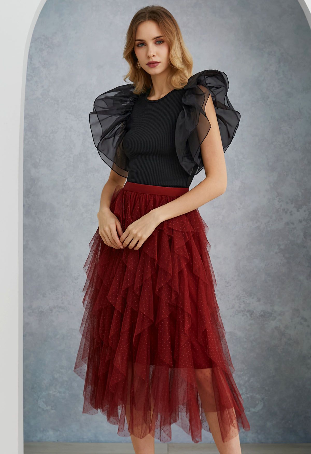 Tiered Organza Spliced Ribbed Crop Top