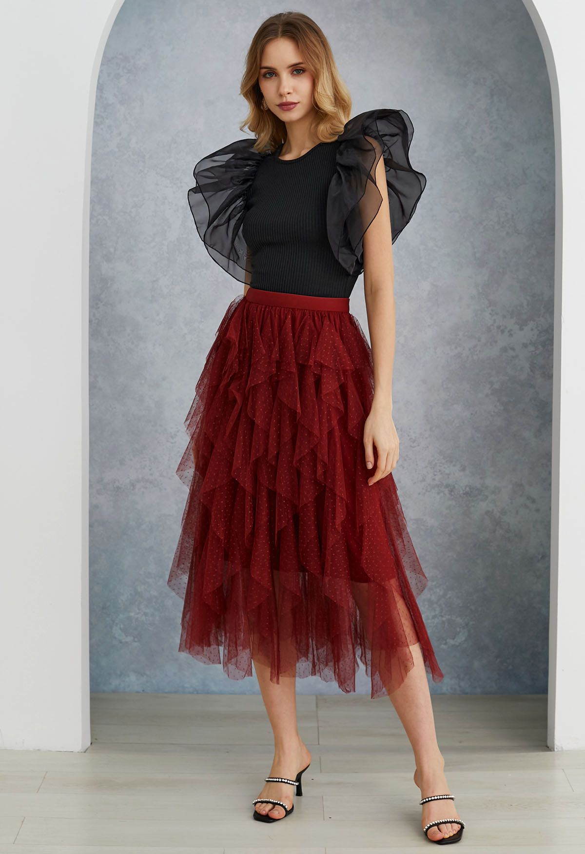 Dots Full Ruffled Tulle Skirt in Red