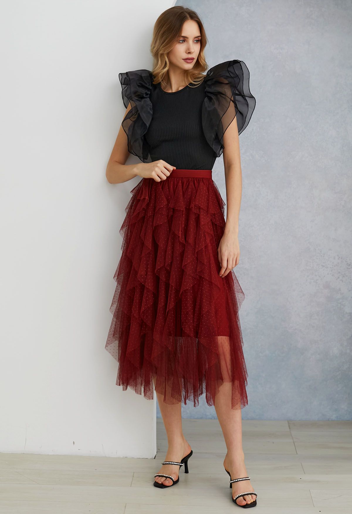 Dots Full Ruffled Tulle Skirt in Red