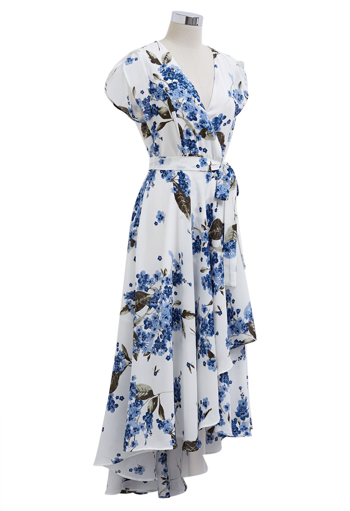 Floral Asymmetric Hem Chiffon Wrap Maxi Dress