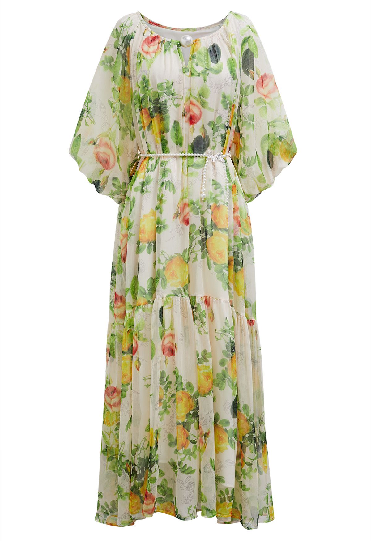 Watercolor Floral Pearly Belt Puff Sleeve Dolly Dress in Green