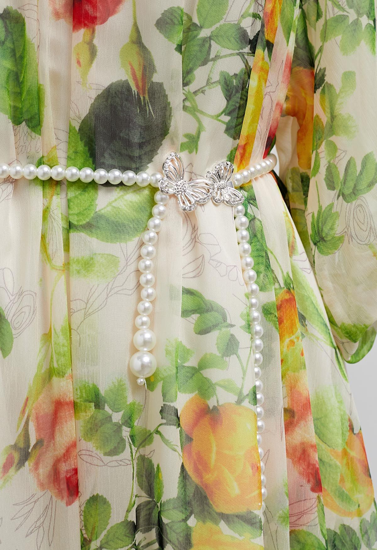 Watercolor Floral Pearly Belt Puff Sleeve Dolly Dress in Green