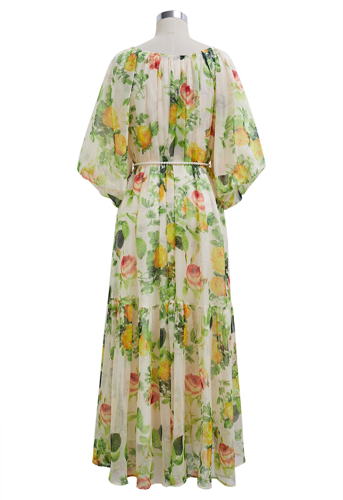 Watercolor Floral Pearly Belt Puff Sleeve Dolly Dress in Green