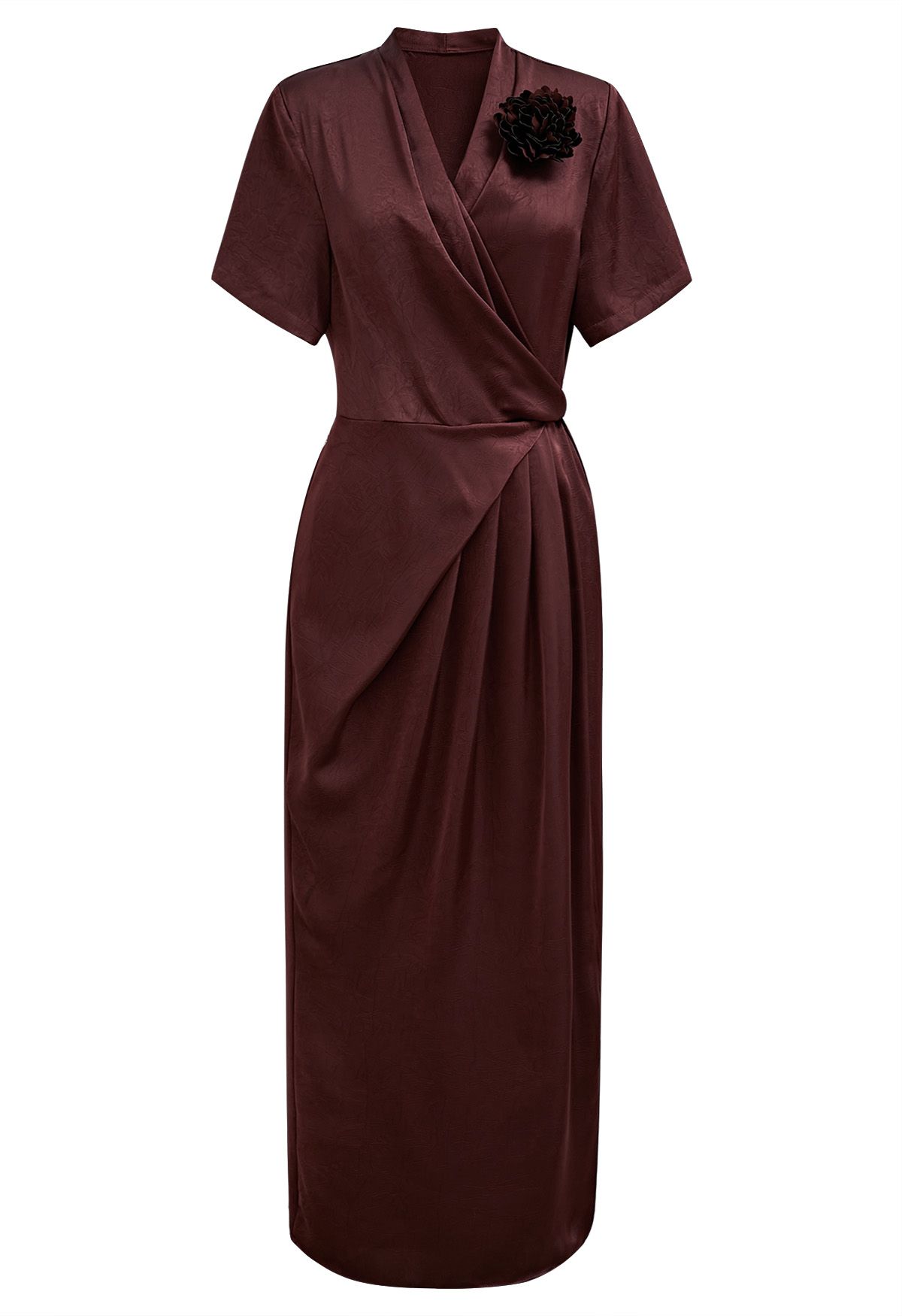 Floral Brooch Textured Satin Dress in Burgundy