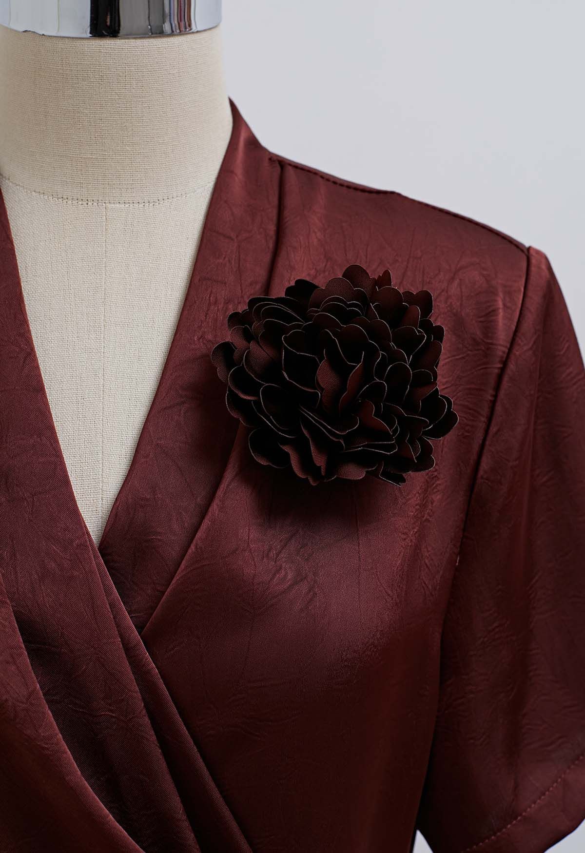 Floral Brooch Textured Satin Dress in Burgundy