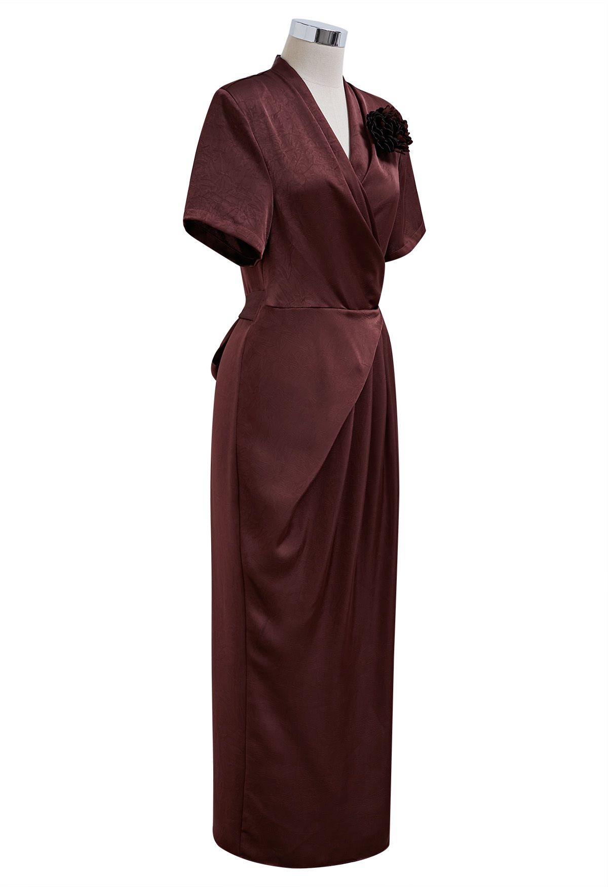 Floral Brooch Textured Satin Dress in Burgundy