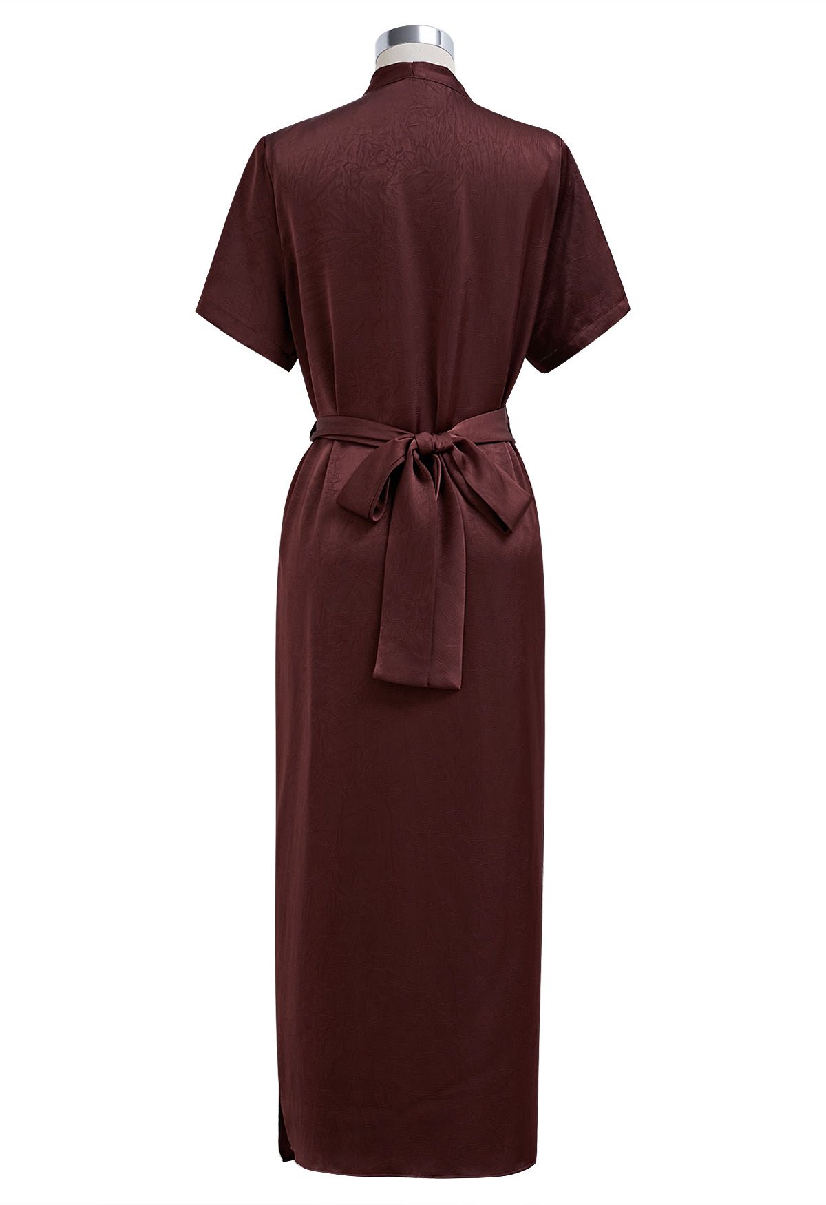 Floral Brooch Textured Satin Dress in Burgundy