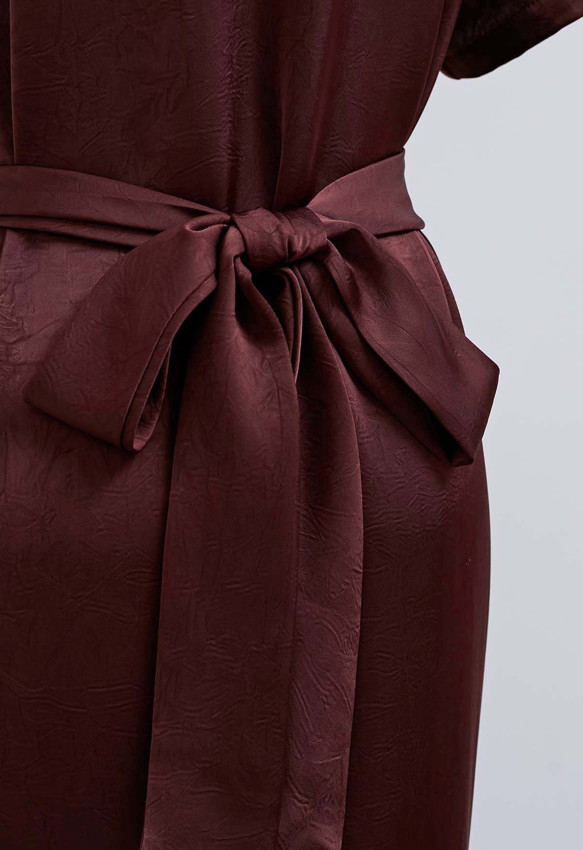 Floral Brooch Textured Satin Dress in Burgundy