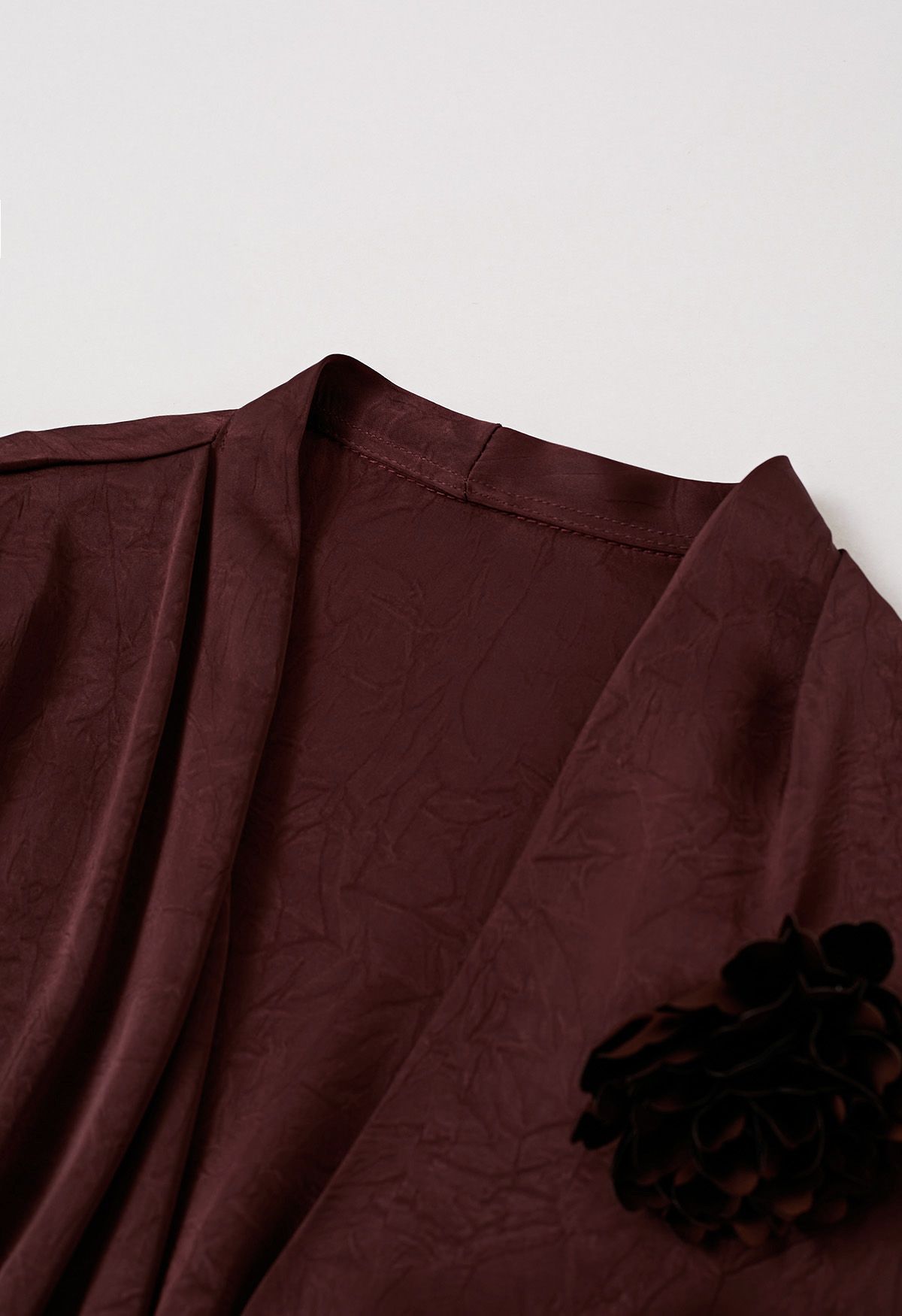 Floral Brooch Textured Satin Dress in Burgundy