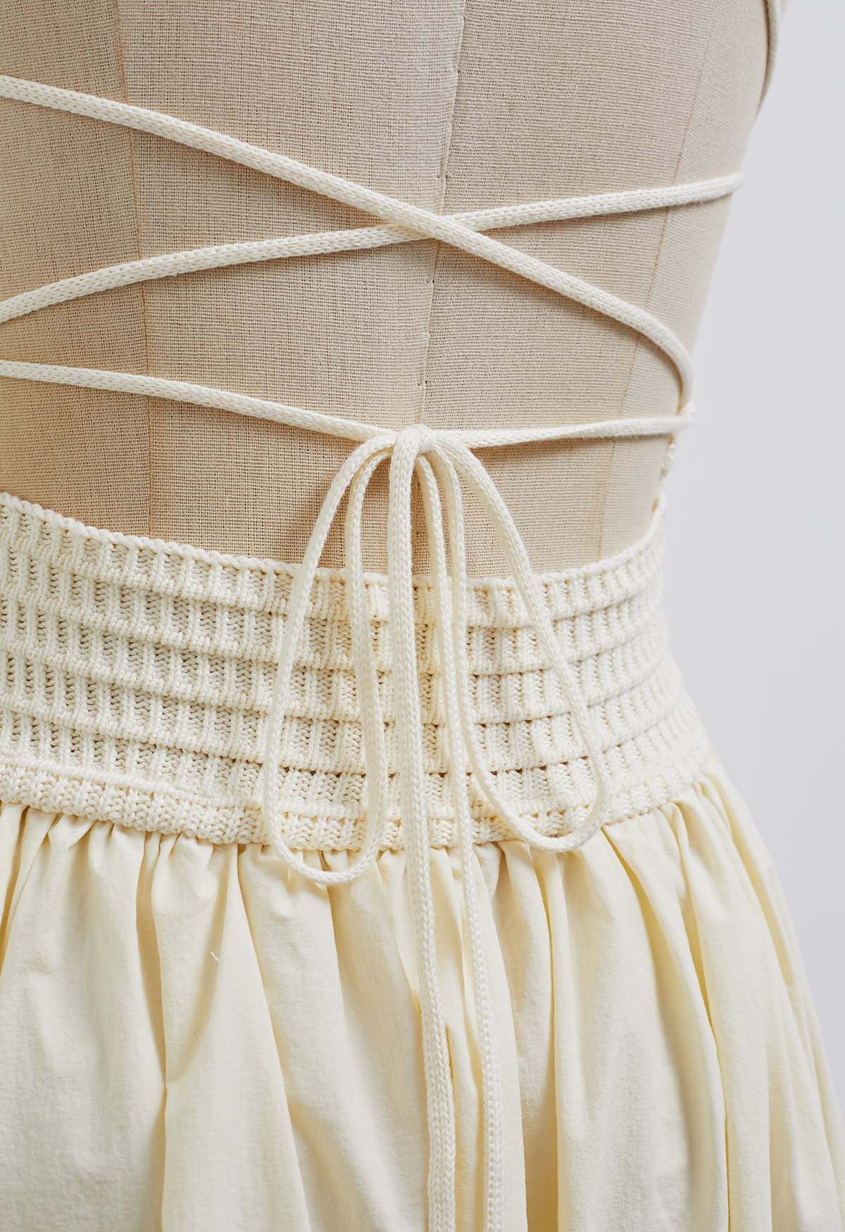 Lace-Up Back Knit Spliced Dress in Cream