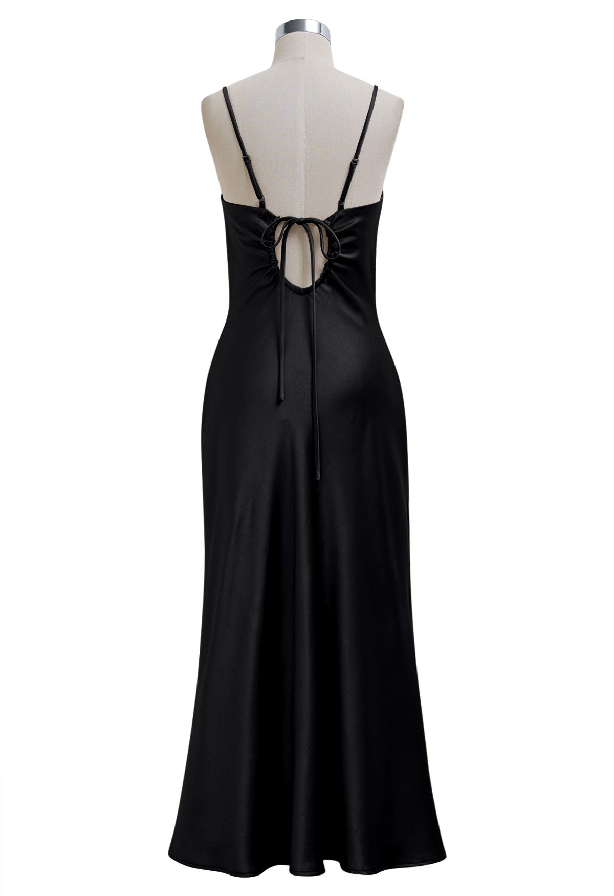 Drawstring Tie Open Back Satin Cami Dress in Black