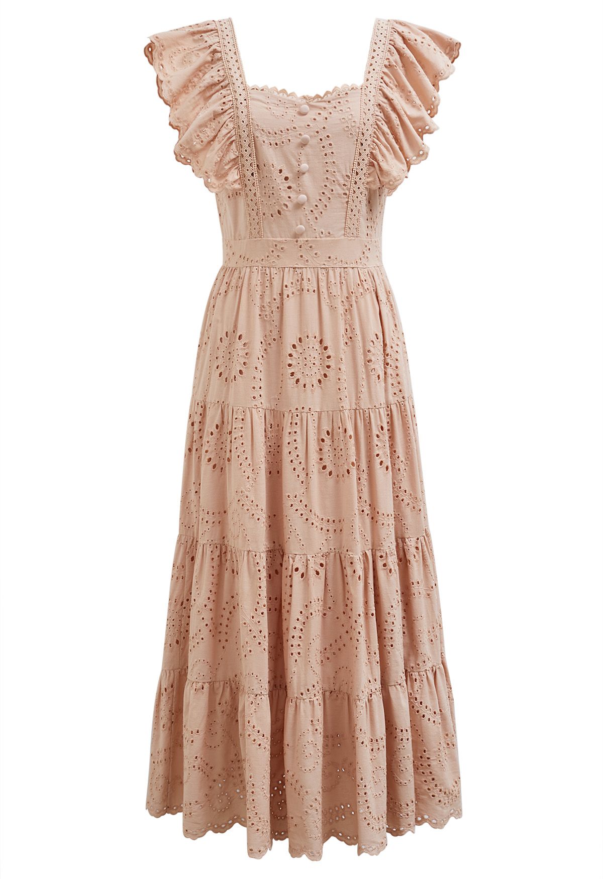 Sweetheart Neckline Eyelet Embroidery Maxi Dress in Apricot