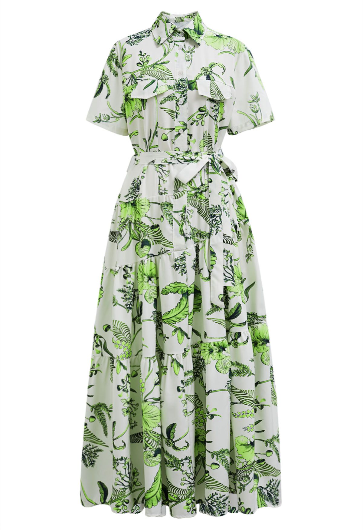 Green Tropical Palm Leaves Printed Short Sleeves Shirt Dress Retro Indie and Unique Fashion