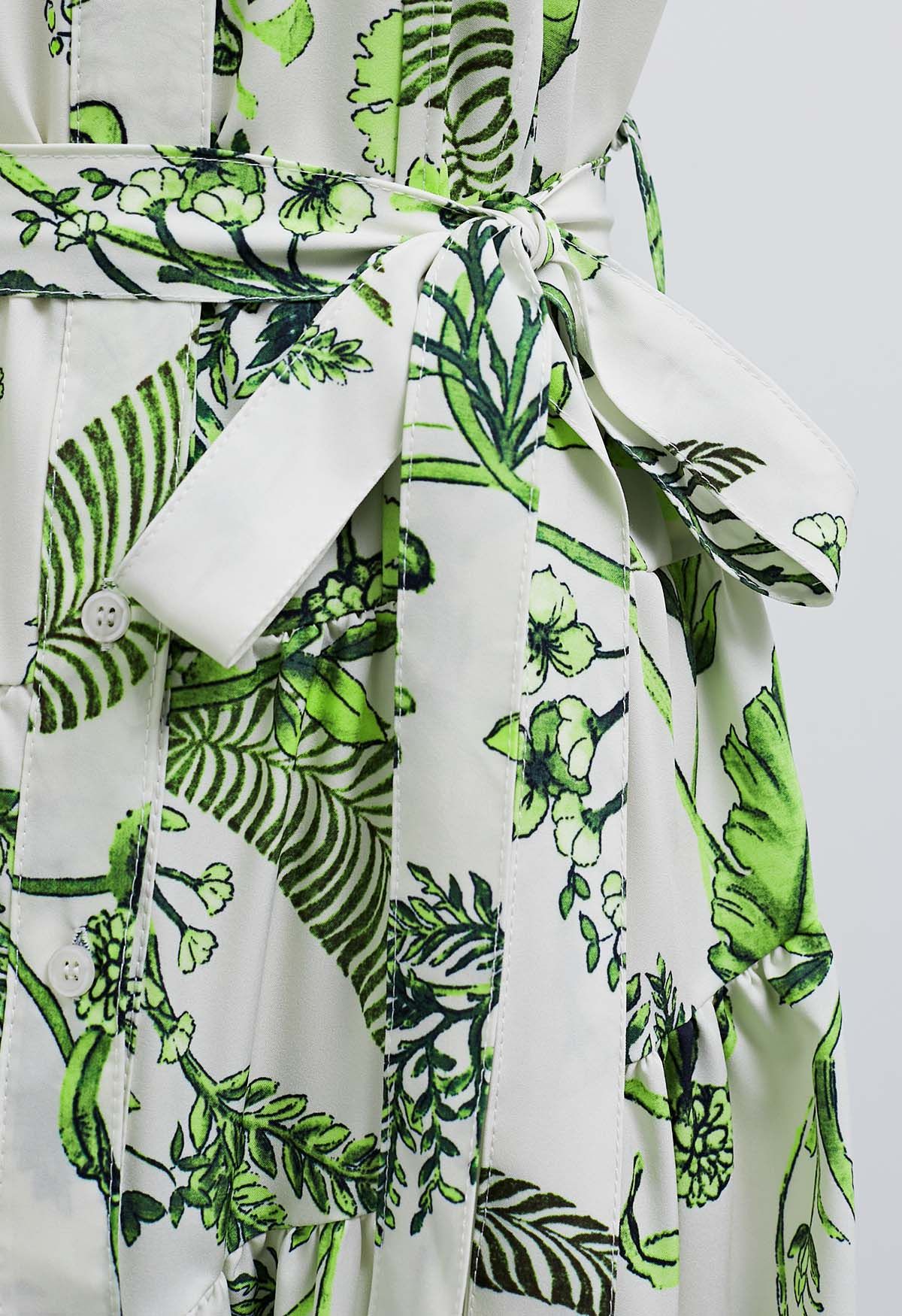 Green Tropical Palm Leaves Printed Short Sleeves Shirt Dress Retro Indie and Unique Fashion