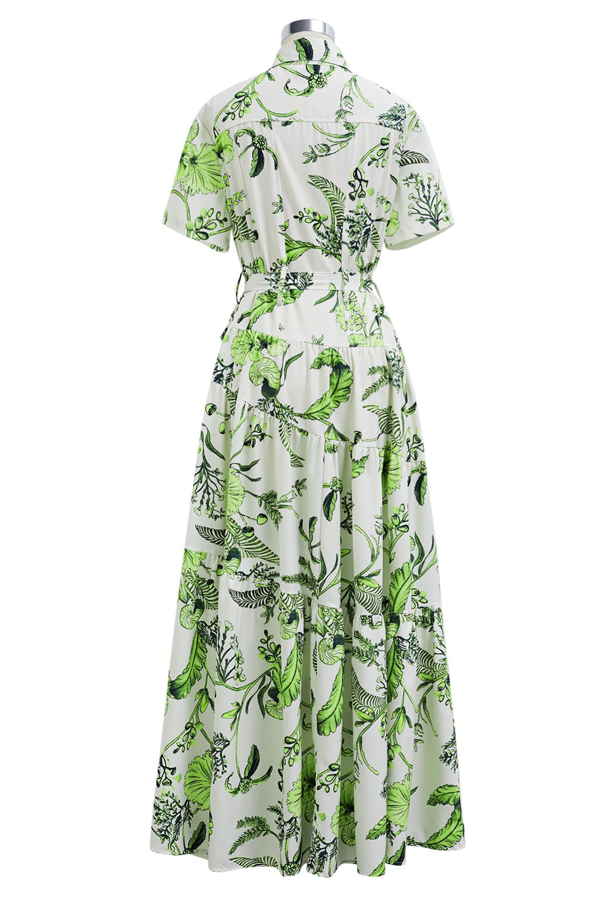 Green Tropical Palm Leaves Printed Short Sleeves Shirt Dress