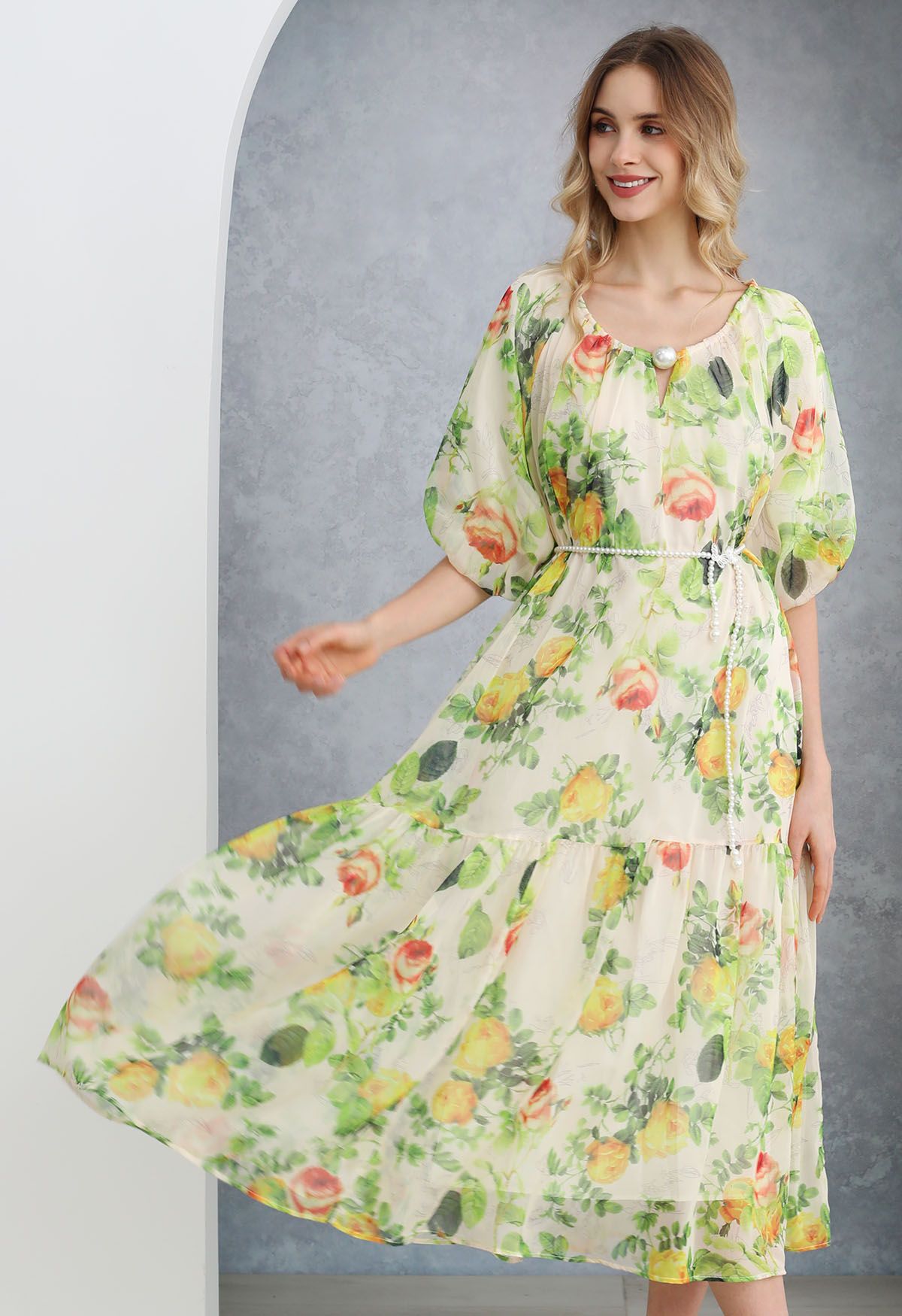 Watercolor Floral Pearly Belt Puff Sleeve Dolly Dress in Green