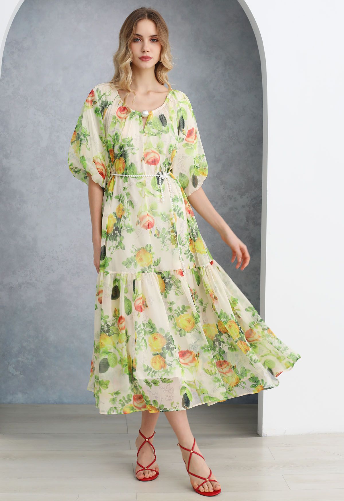 Watercolor Floral Pearly Belt Puff Sleeve Dolly Dress in Green