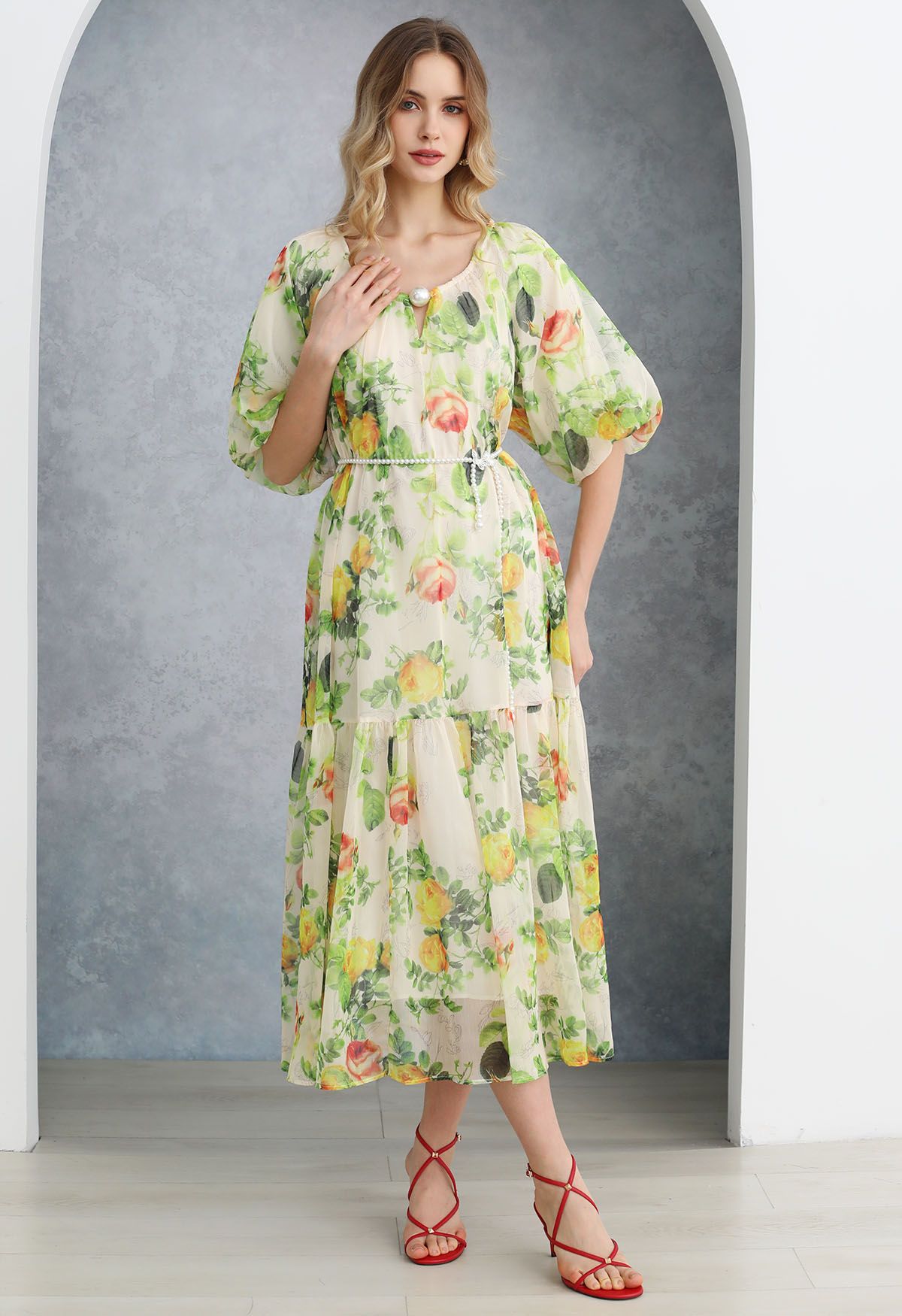 Watercolor Floral Pearly Belt Puff Sleeve Dolly Dress in Green