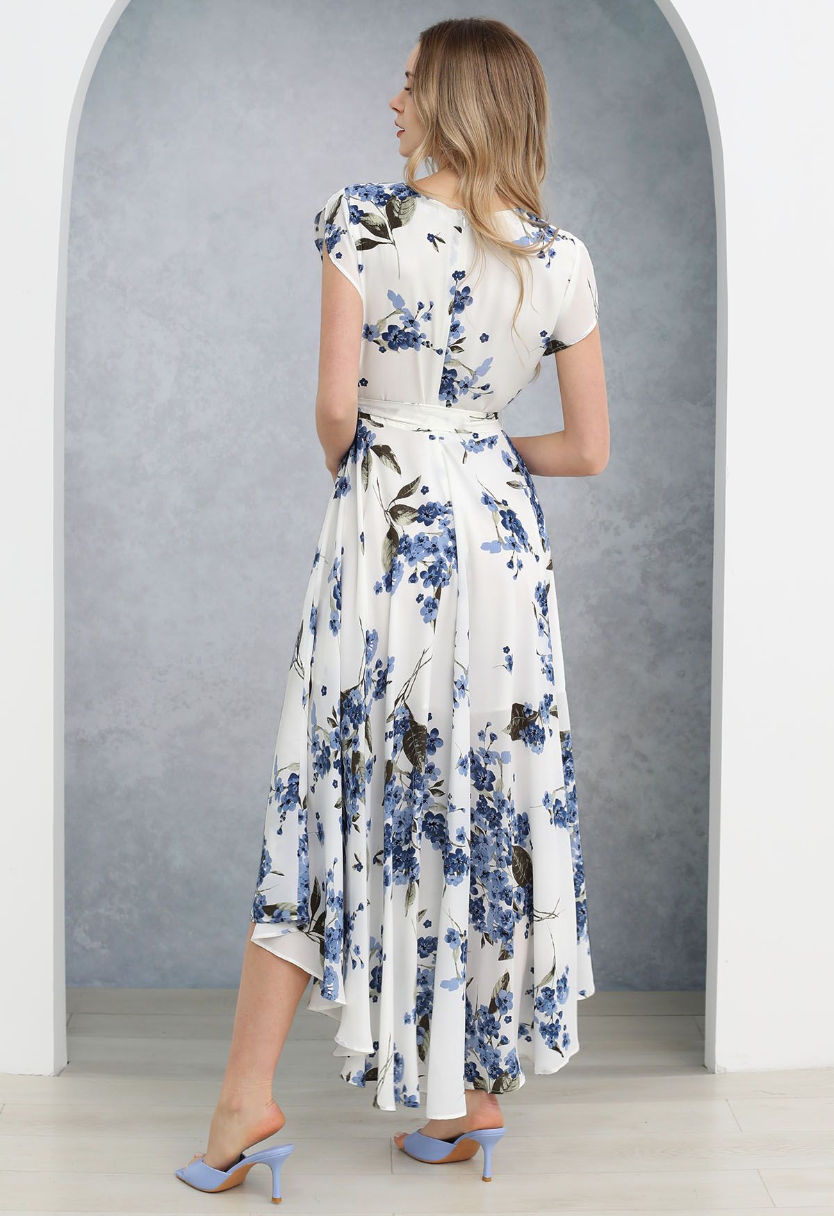 Floral Asymmetric Hem Chiffon Wrap Maxi Dress