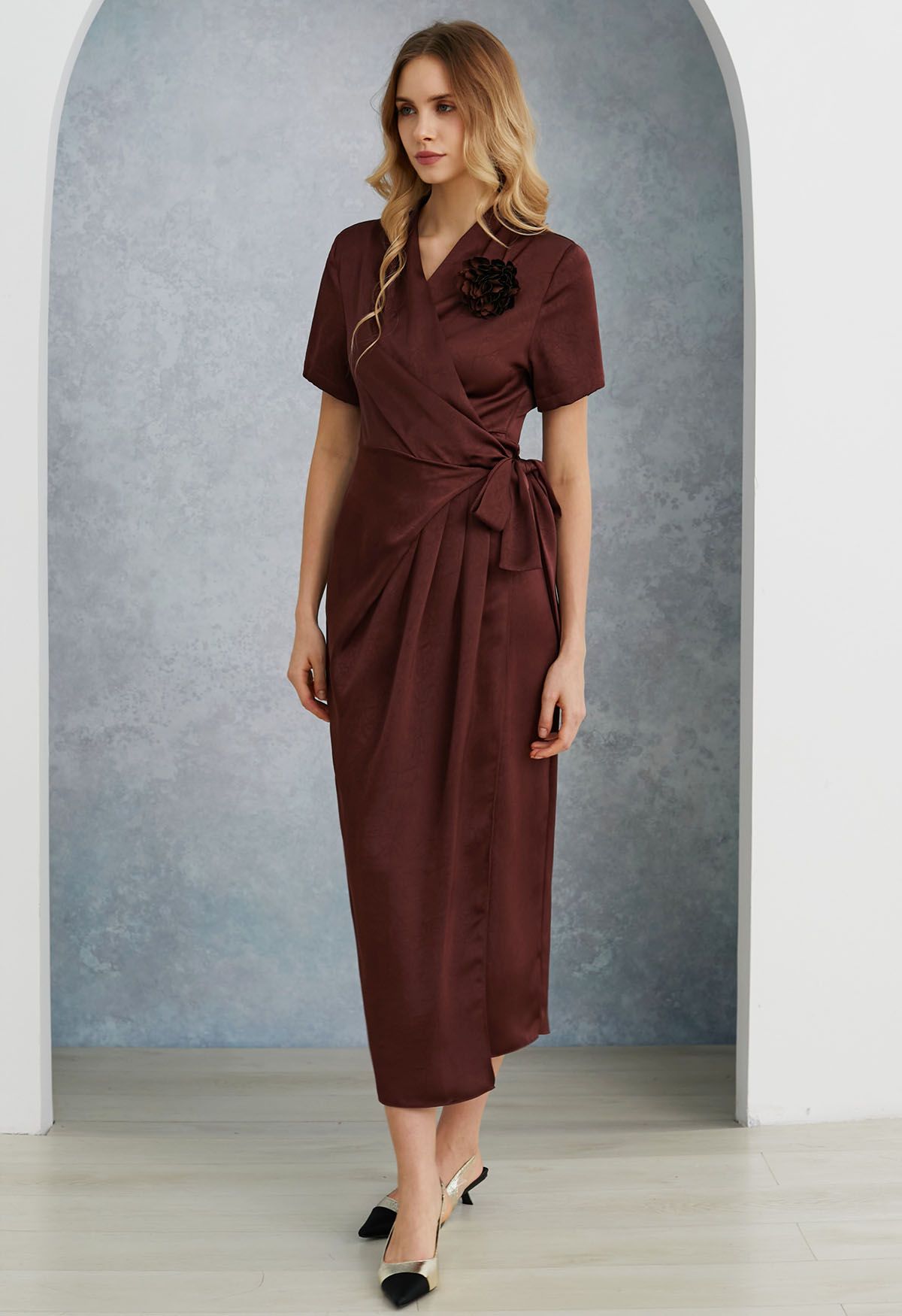 Floral Brooch Textured Satin Dress in Burgundy