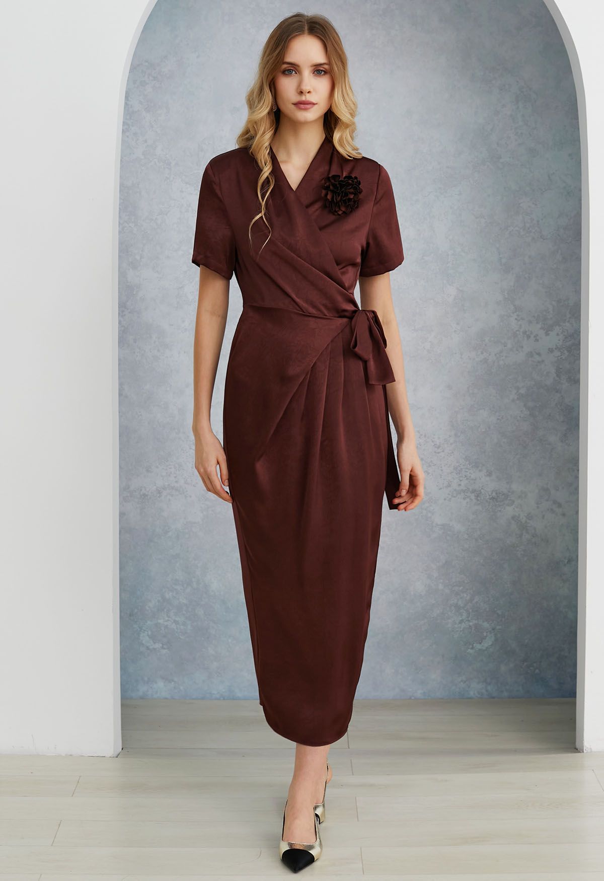 Floral Brooch Textured Satin Dress in Burgundy