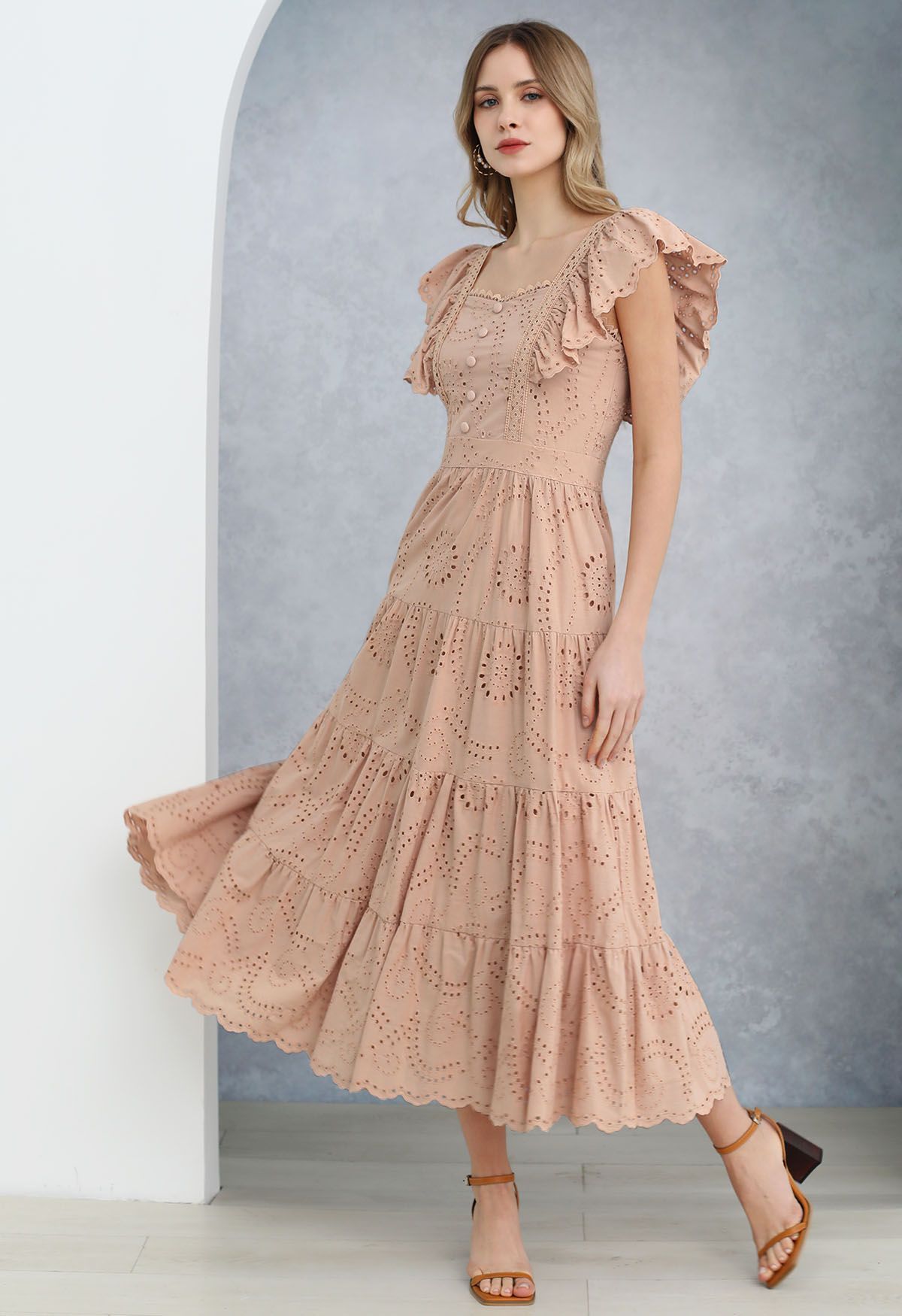 Sweetheart Neckline Eyelet Embroidery Maxi Dress in Apricot