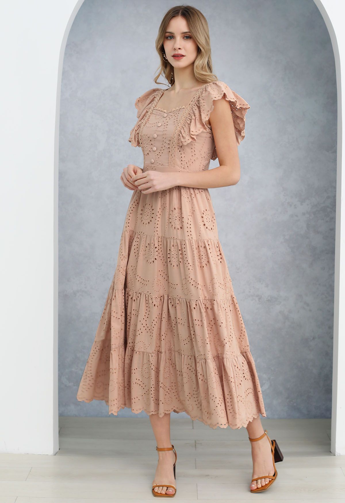 Sweetheart Neckline Eyelet Embroidery Maxi Dress in Apricot