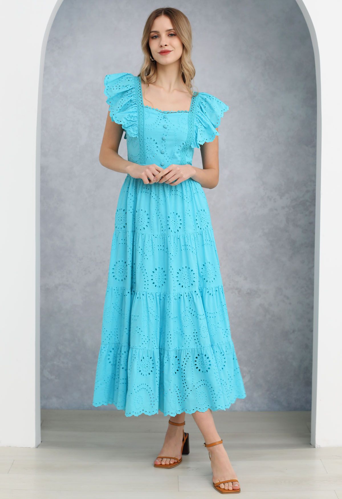 Sweetheart Neckline Eyelet Embroidery Maxi Dress in Turquoise - Retro,  Indie and Unique Fashion