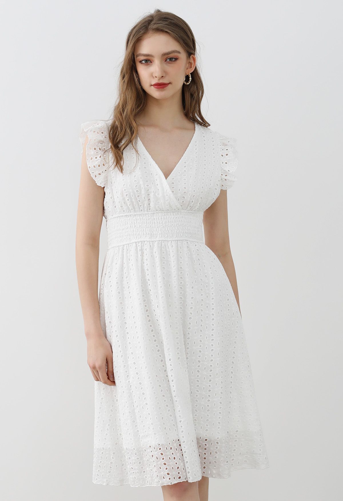 Eyelet Fantasy Faux-Wrap Midi Dress