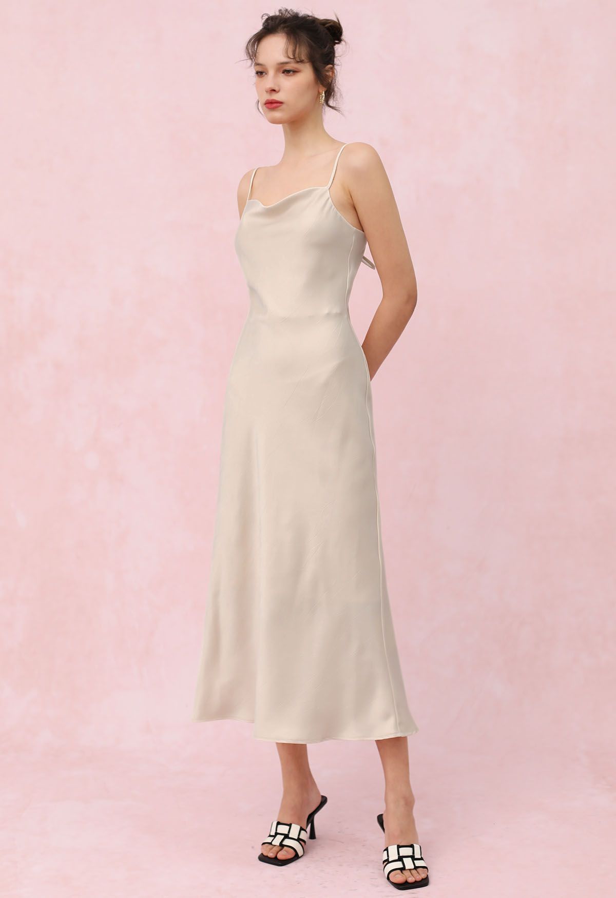 Drawstring Tie Open-Back Satin Cami Dress in Ivory