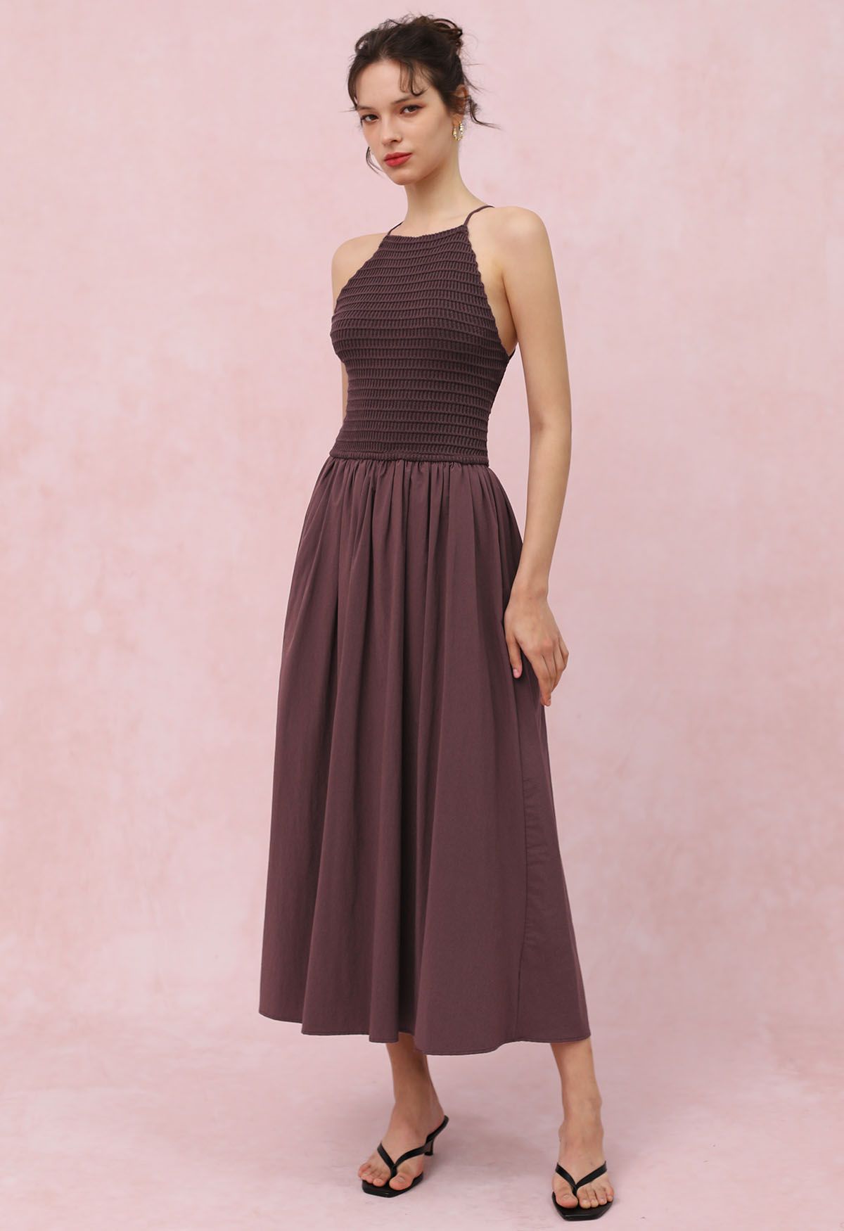 Lace-Up Back Knit Spliced Dress in Brown