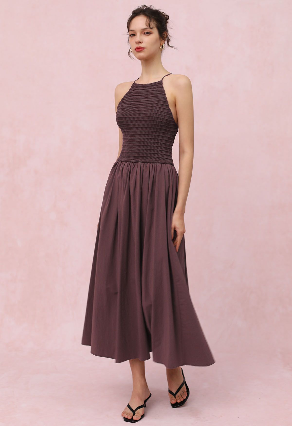 Lace-Up Back Knit Spliced Dress in Brown