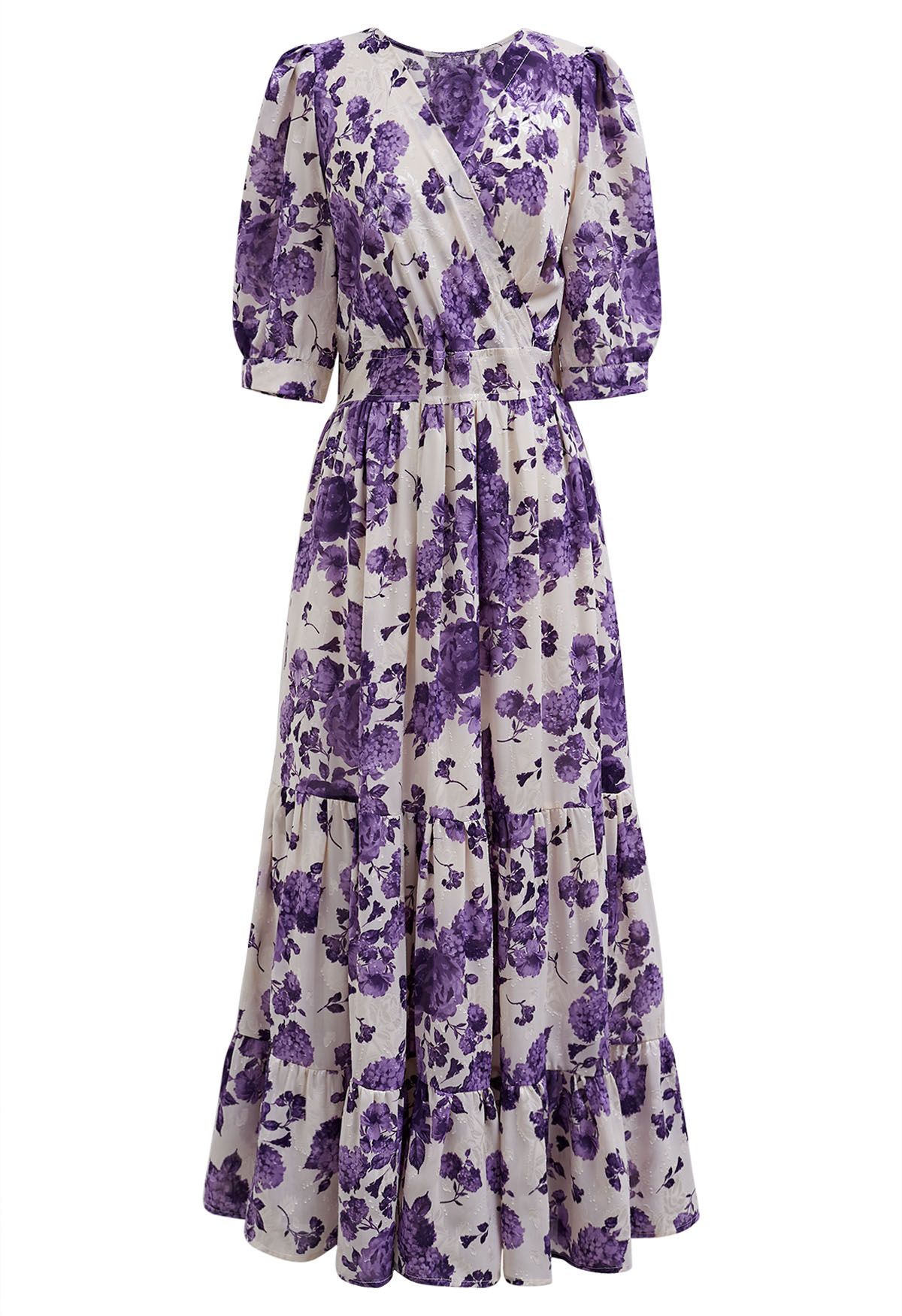 Purple Floral Jacquard Frilling Wrapped Dress