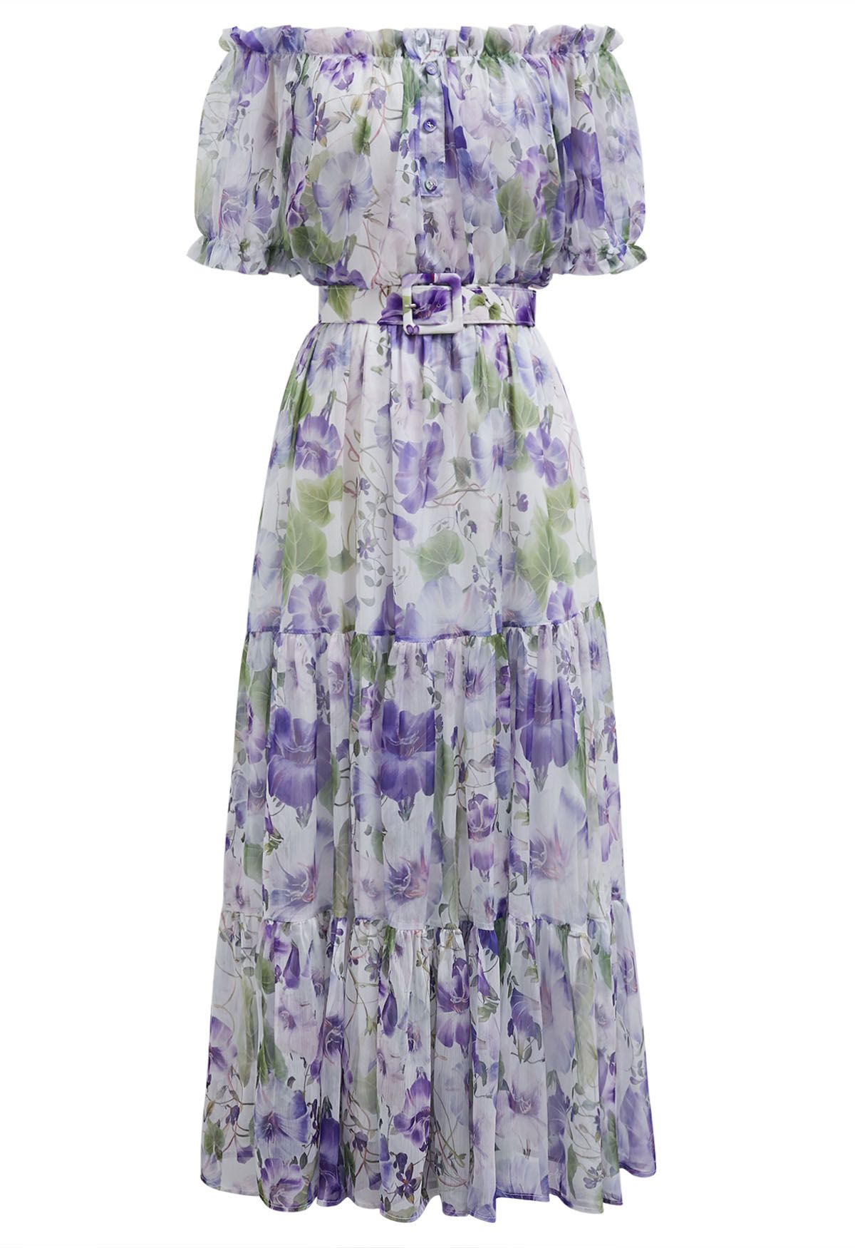 Purple Floral Printed Off-Shoulder Chiffon Dress