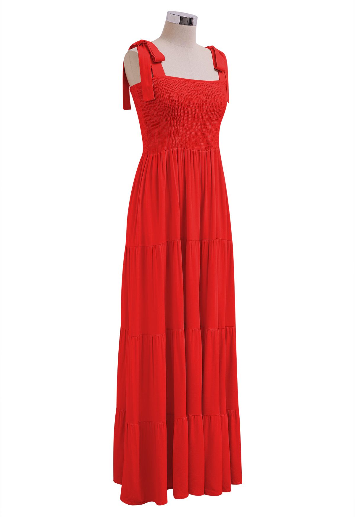 Fluttering Tie-Shoulder Shirred Maxi Dress in Red