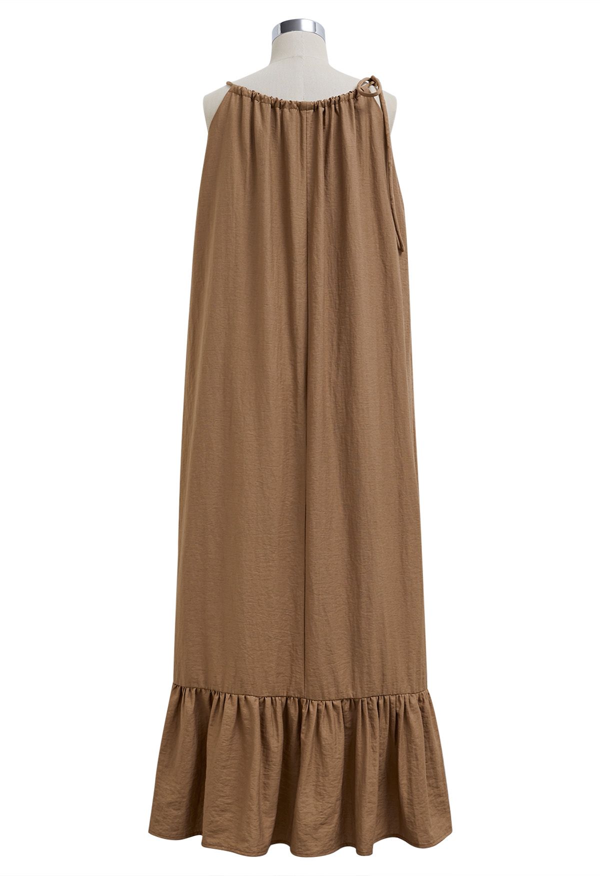 Self-Tie Halter Frill Hem Maxi Dress in Caramel