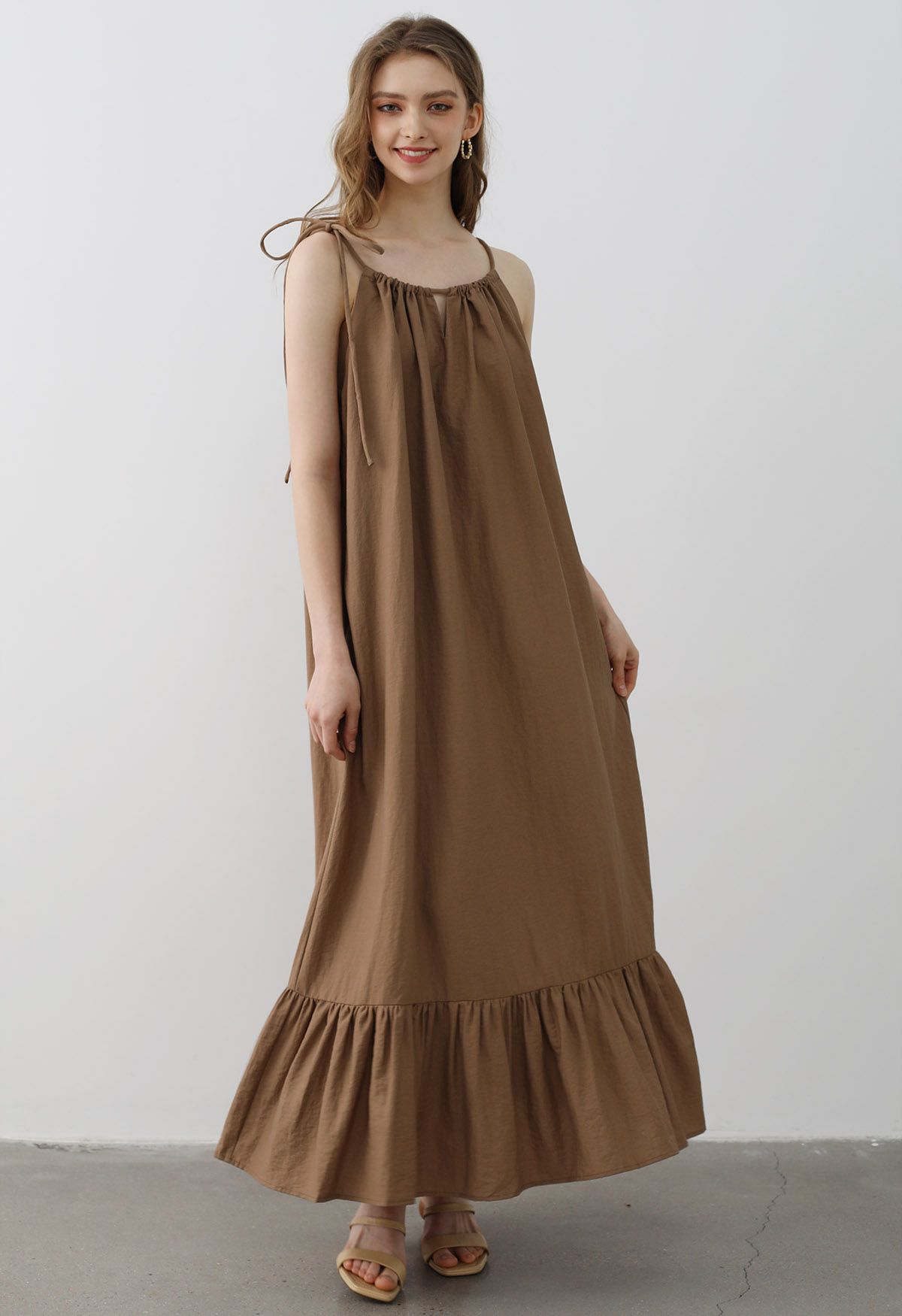 Self-Tie Halter Frill Hem Maxi Dress in Caramel