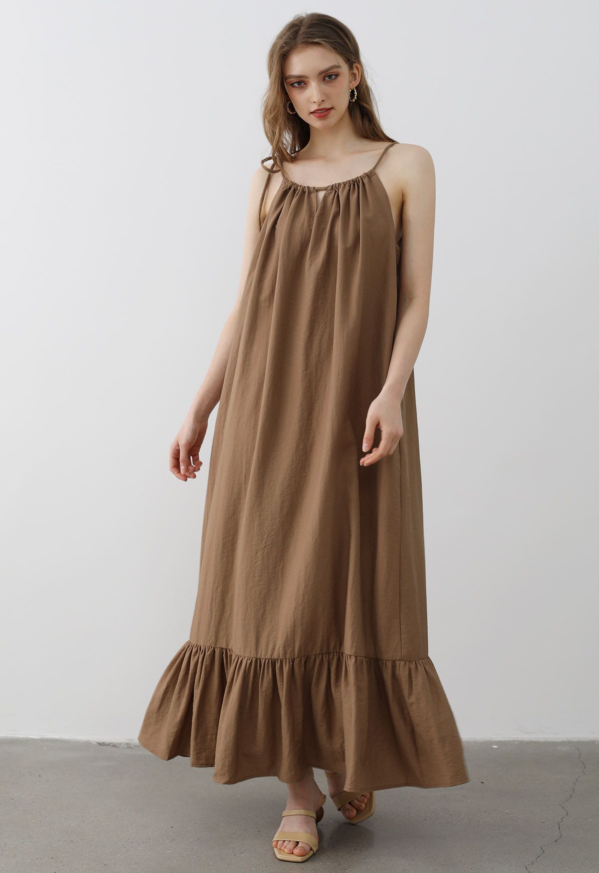 Self-Tie Halter Frill Hem Maxi Dress in Caramel