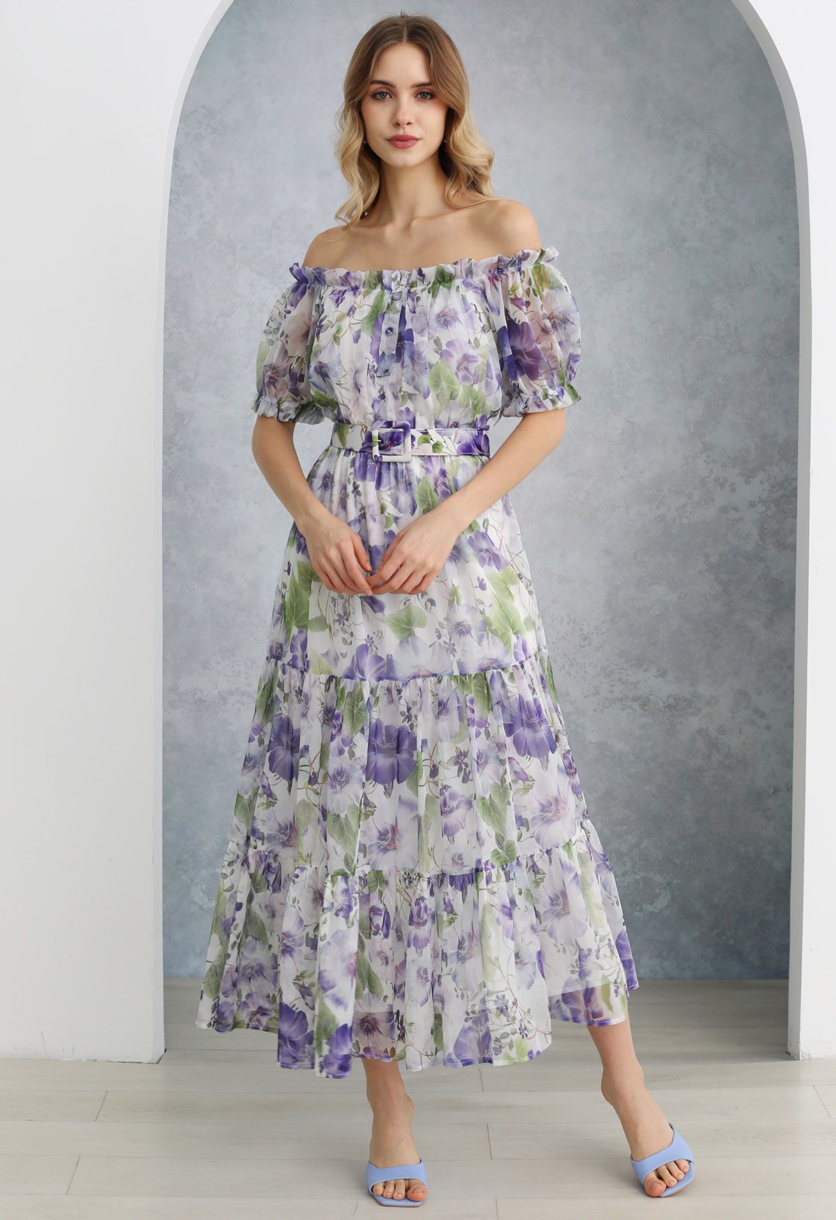 Purple Floral Printed Off Shoulder Chiffon Dress