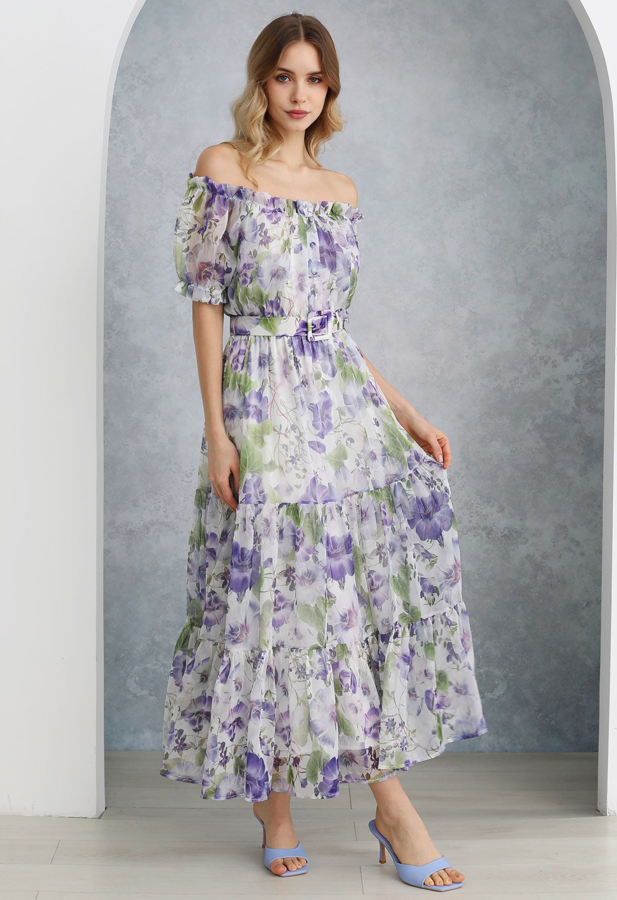 Purple Floral Printed Off-Shoulder Chiffon Dress