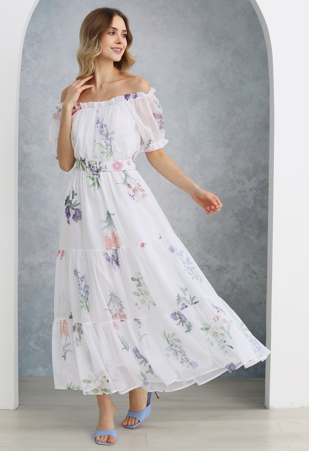 Off shoulder chiffon gown best sale