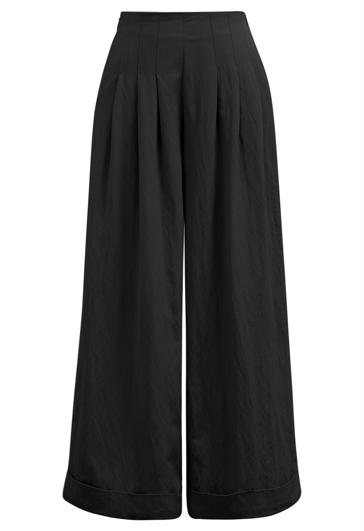 Wide Leg Roll-Hem Pleated Pants in Black