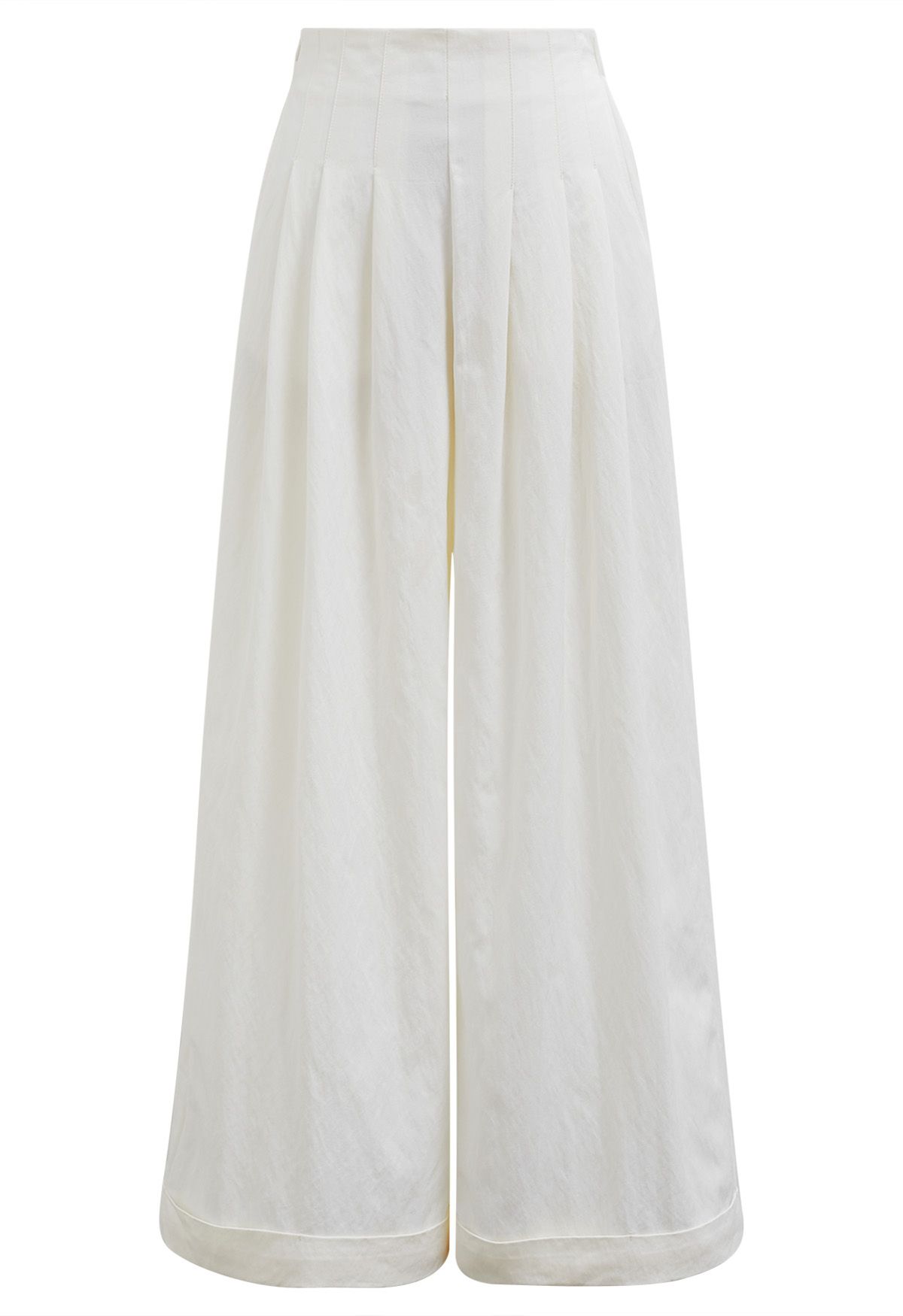 Wide Leg Roll-Hem Pleated Pants in Ivory